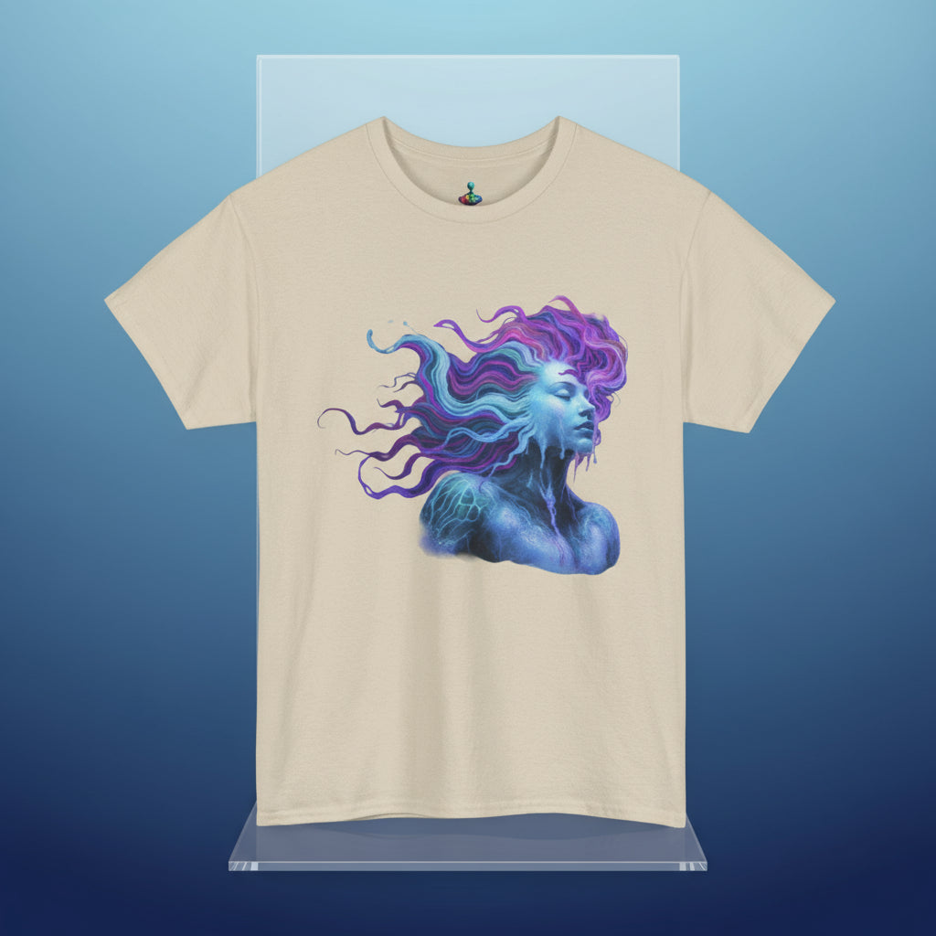 Beige t-shirt with a colorful mermaid design on a white background