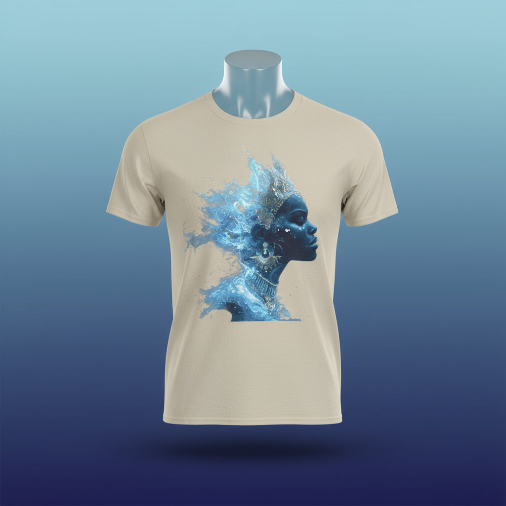 Beige t-shirt with a blue and black artistic design of a face on a white background