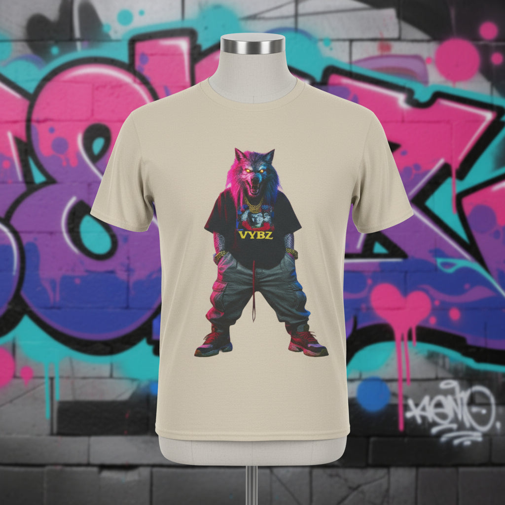 Beige t-shirt with a colorful graphic of a wolf wearing a hoodie and pants on a white background