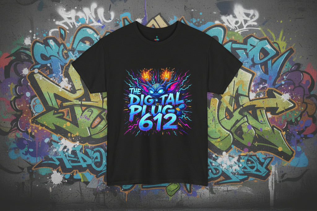 Black t-shirt with colorful graphic design and text on a white background