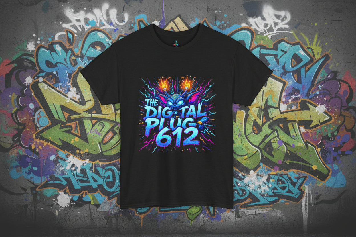 Black t-shirt with colorful graphic design and text on a white background