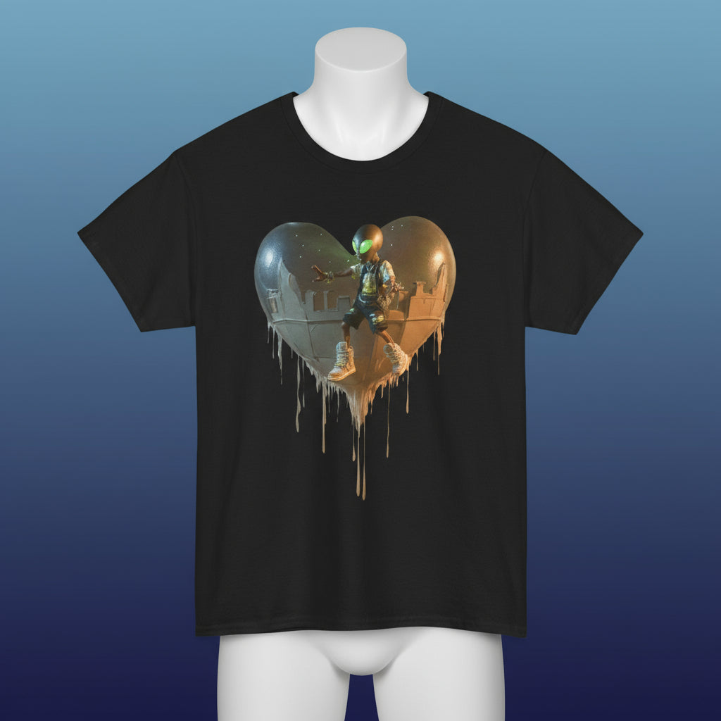 Black t-shirt with a heart-shaped graphic design featuring an astronaut and a cityscape on a white background.