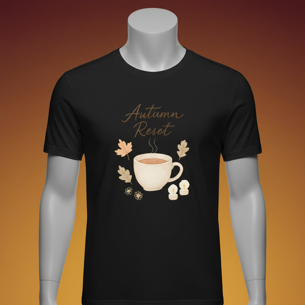 Black t-shirt with 'Autumn Reset' design featuring a cup and leaves on a white background