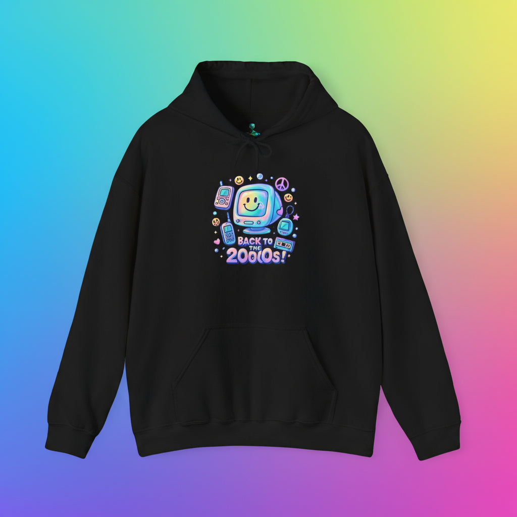 Black hoodie with colorful graphic design on a white background