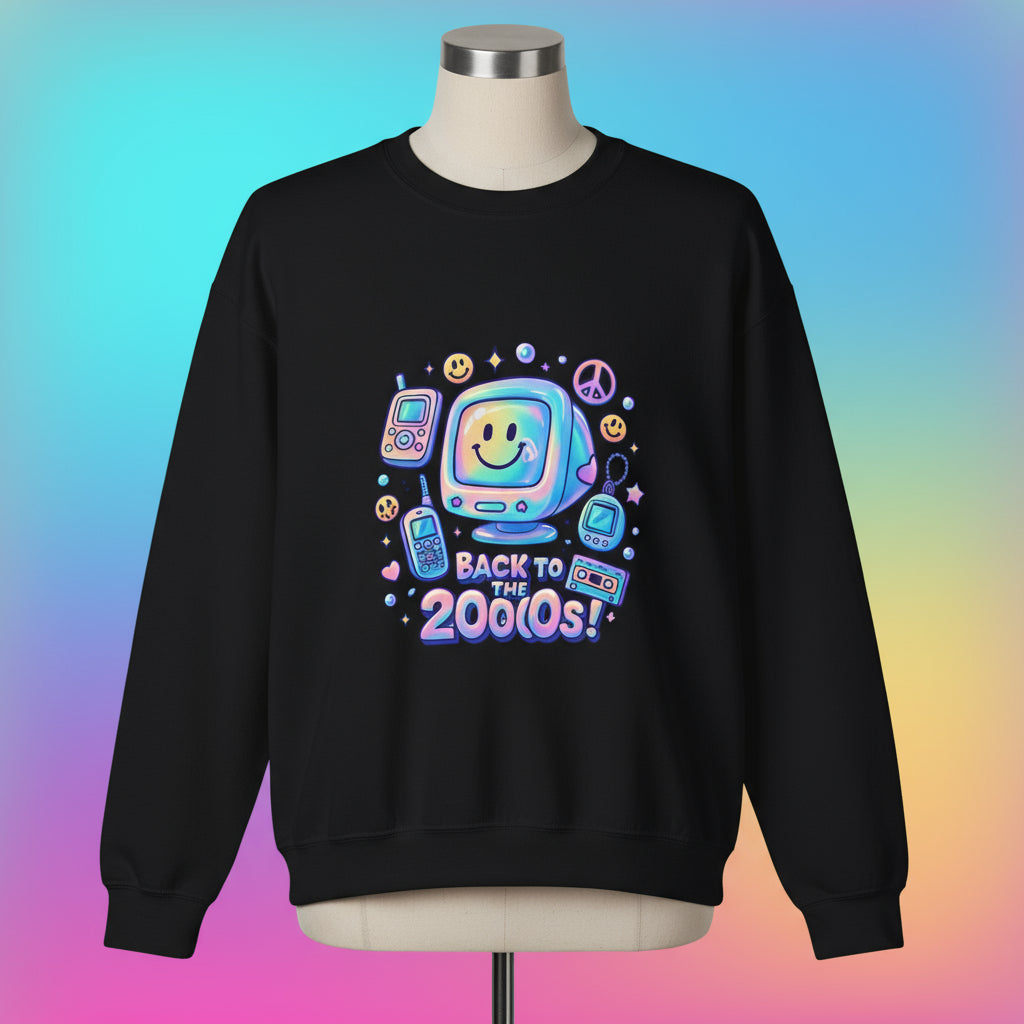 Black sweatshirt with colorful 'Back to the 2000s!' design featuring vintage technology icons on a white background.