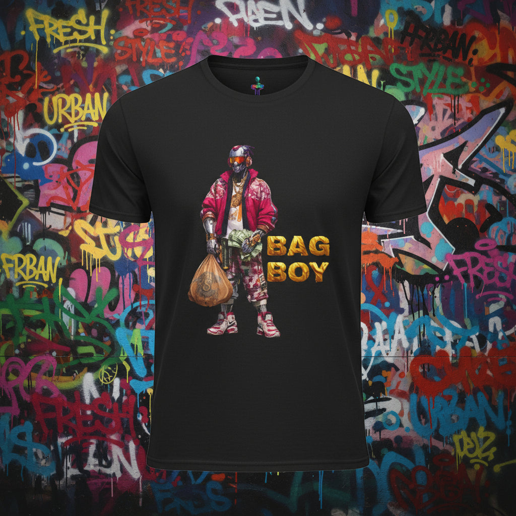 Black t-shirt with a graphic of a person holding a bag and 'BAG BOY' text on a white background