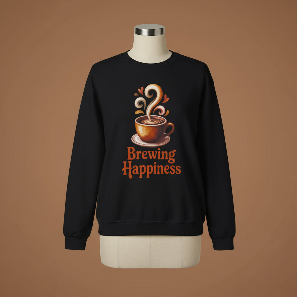Black sweatshirt with a coffee cup graphic and 'Brewing Happiness' text on a white background