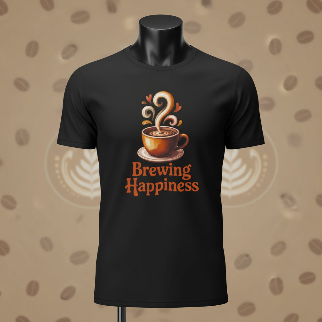 Black t-shirt with a coffee cup graphic and 'Brewing Happiness' text on a white background