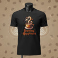 Black t-shirt with a coffee cup graphic and 'Brewing Happiness' text on a white background
