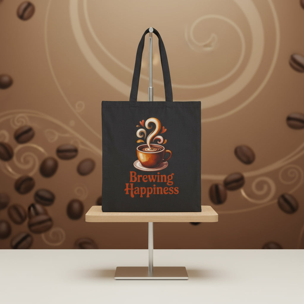 Black tote bag with a coffee cup graphic and 'Brewing Happiness' text on a white background