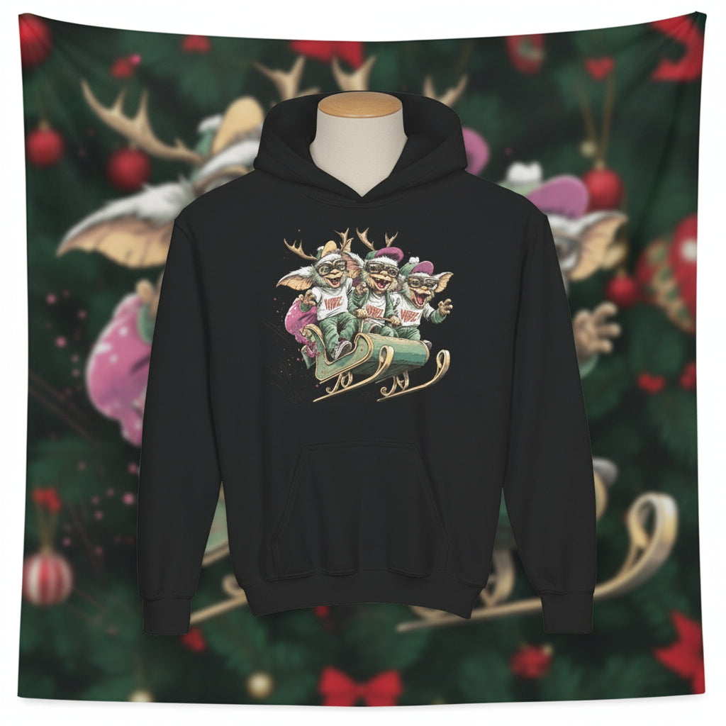 Black hoodie with a colorful graphic of three gnomes on a sleigh on the back, on a white background.