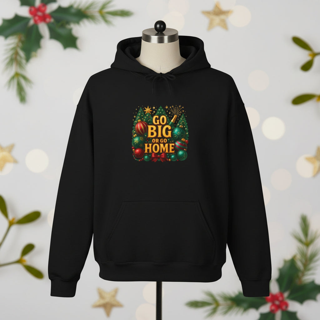 Black hoodie with a colorful graphic and text on a white background