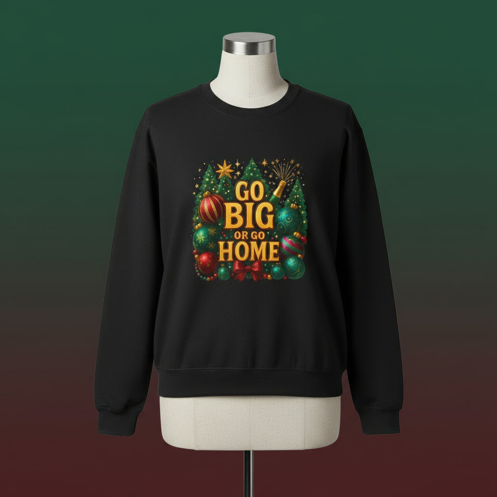 Black sweatshirt with festive design and 'GO BIG OR GO HOME' text on a white background