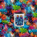Mug with 'The Digital Plug 612' design on a colorful graffiti background