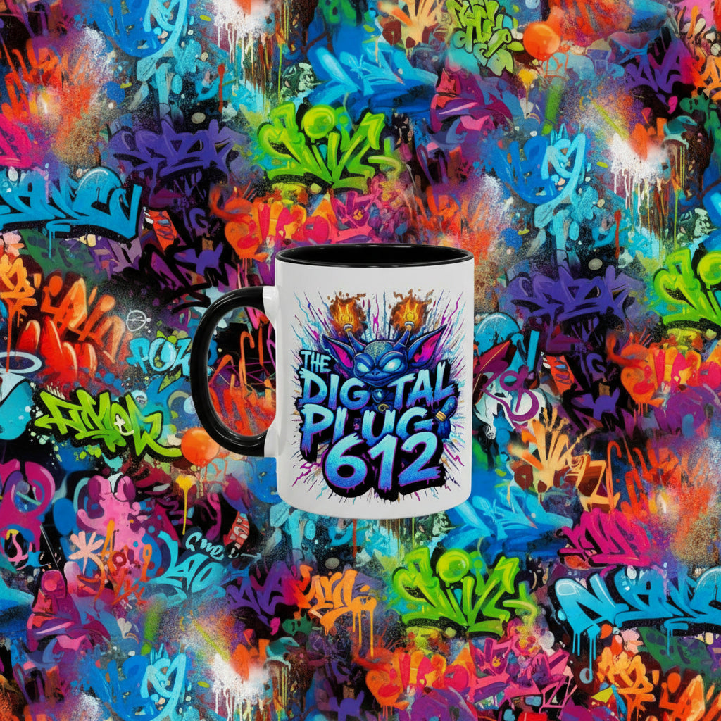 Mug with 'The Digital Plug 612' design on a colorful graffiti background