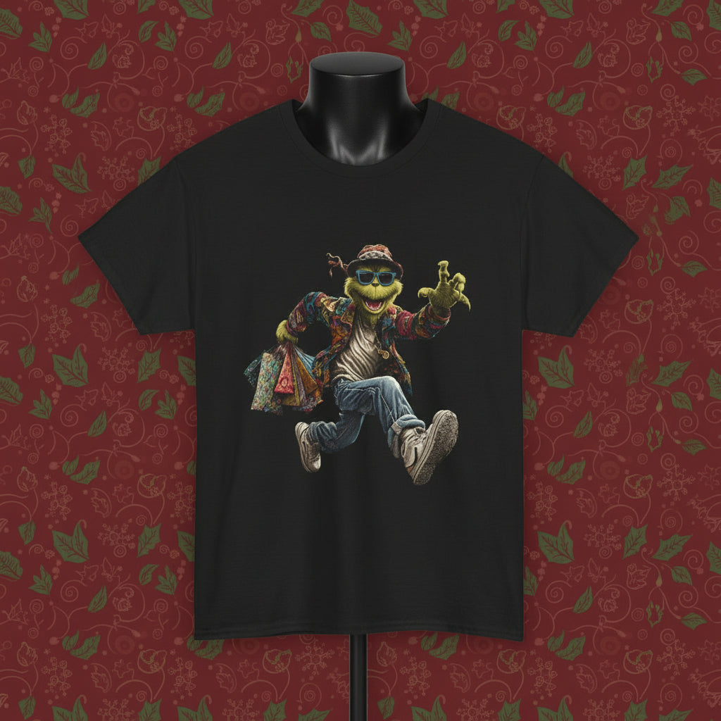 Black t-shirt with a graphic of a character in a colorful outfit on a white background