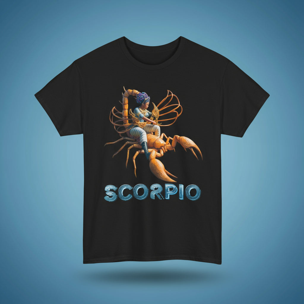 Black t-shirt with Scorpio zodiac design on a shades of blue background