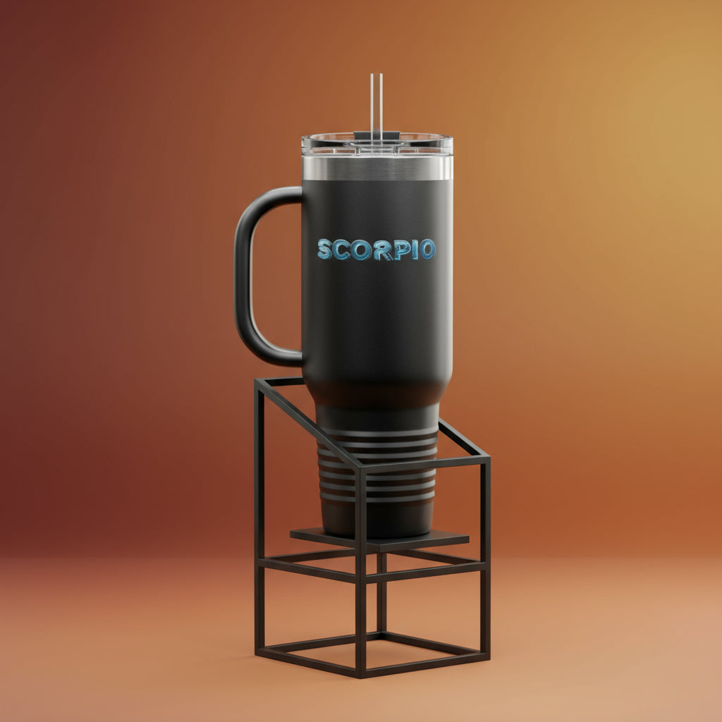 Black tumbler with 'SCORPIO' text on a white background