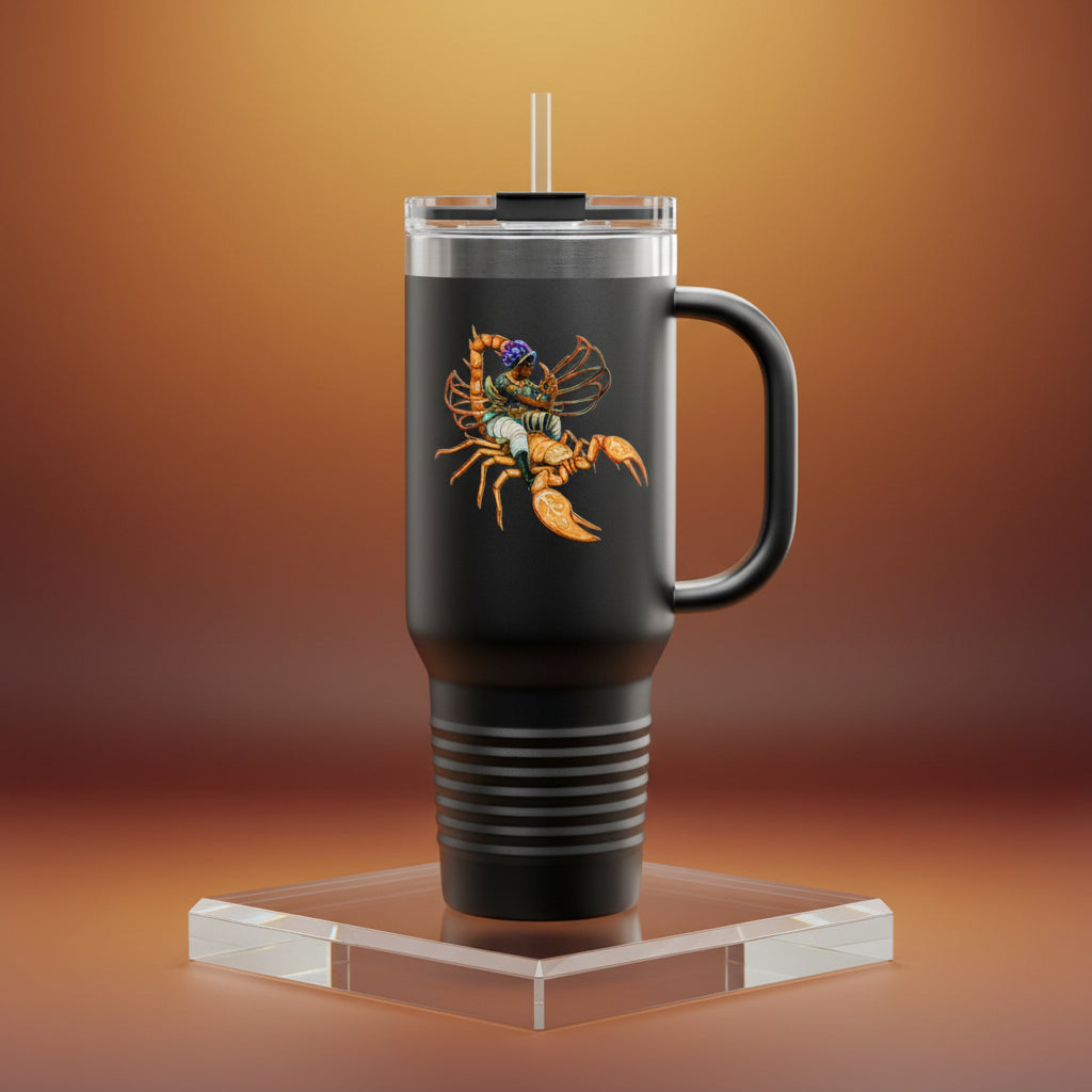 Black travel mug with a scorpion design on a white background