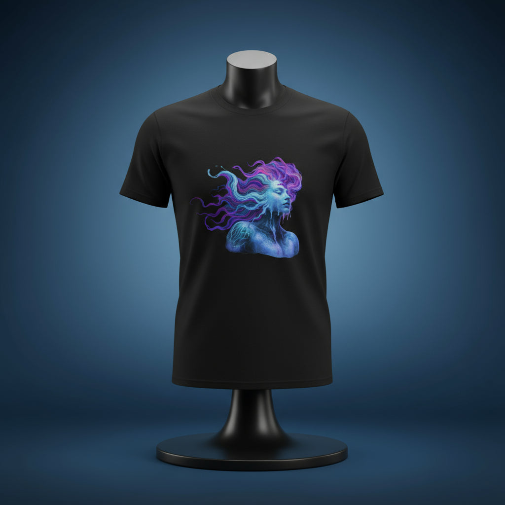 Black t-shirt with a colorful graphic of a woman's face on a white background