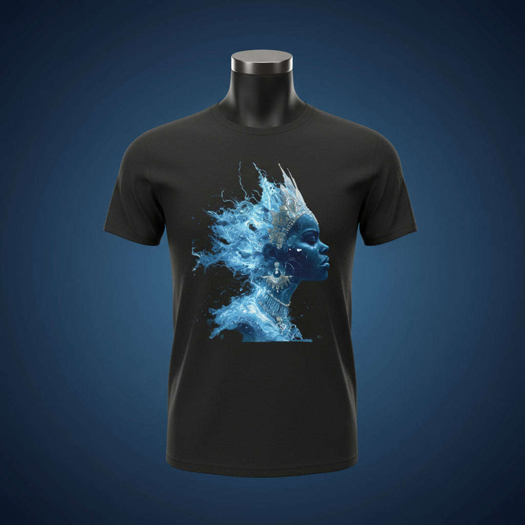 Black t-shirt with a blue and white artistic design of a face on a white background