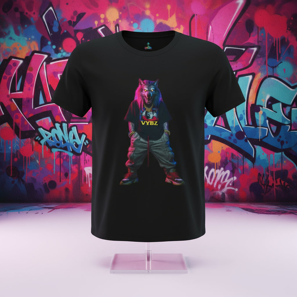 Black t-shirt with a colorful graphic of a wolf and 'VYBZ' text on a white background