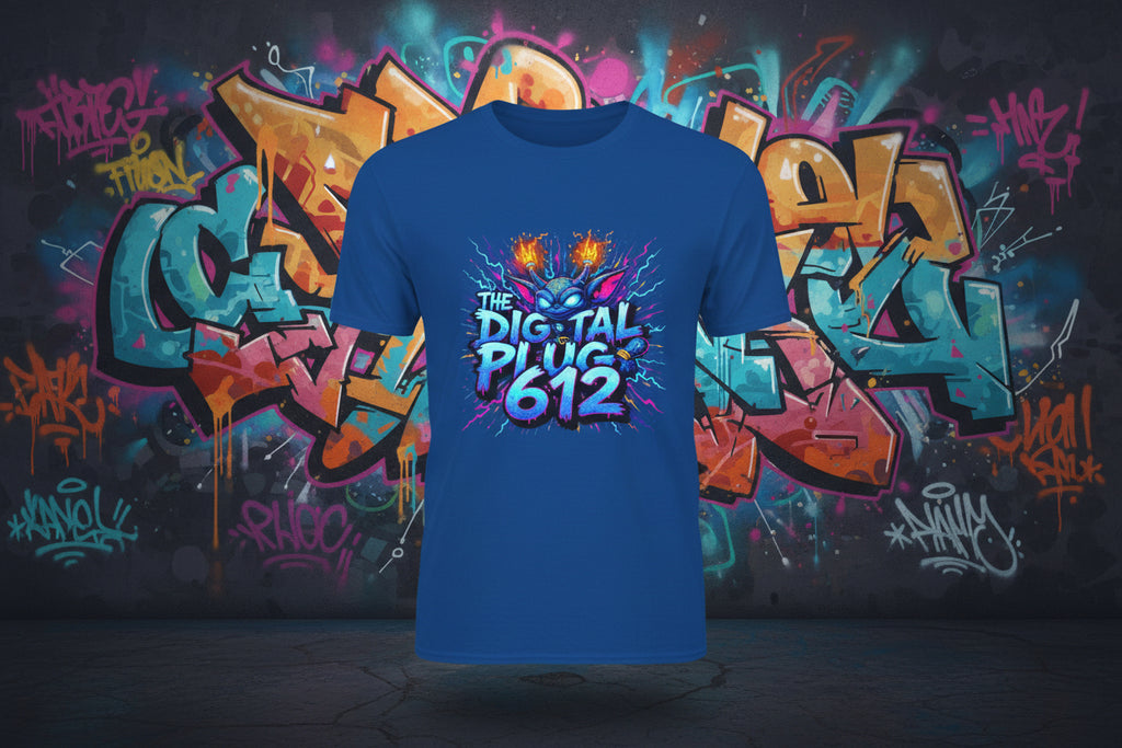 Blue t-shirt with colorful graphic design and text on a white background