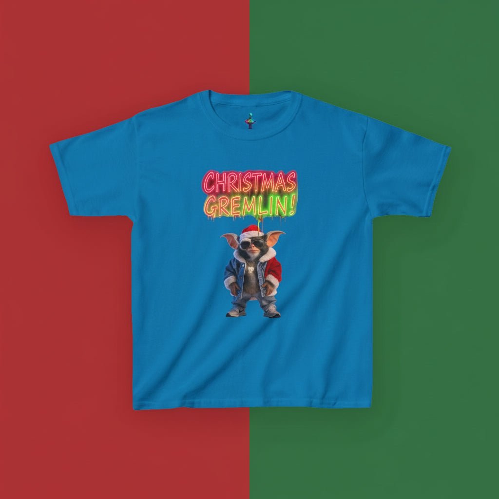 Blue t-shirt with Christmas Gremlin graphic and text on a white background