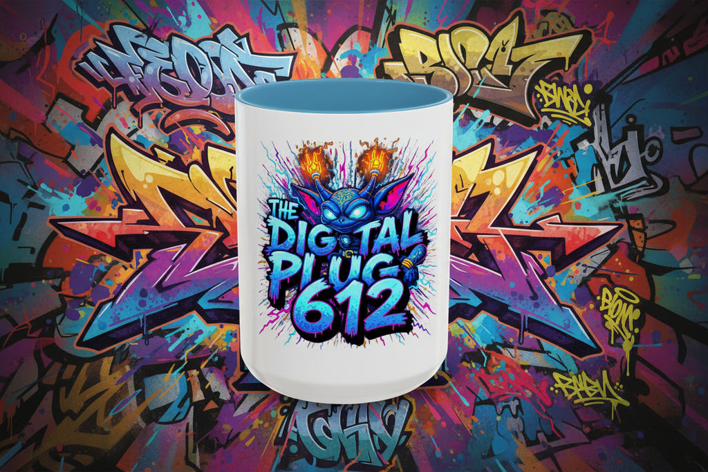 Mug with colorful graphic design and text on a white background