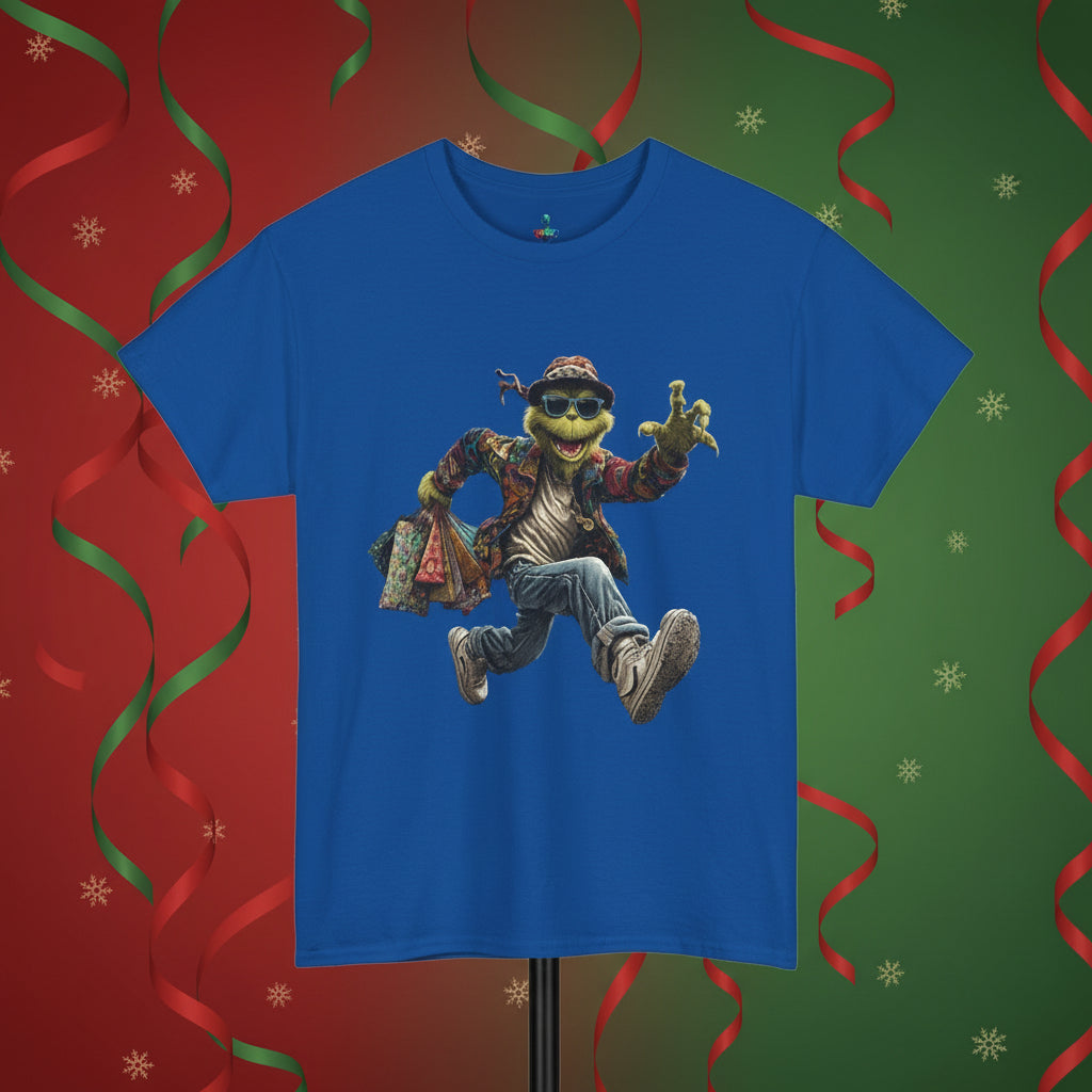 Blue t-shirt with a cartoon character design on a white background