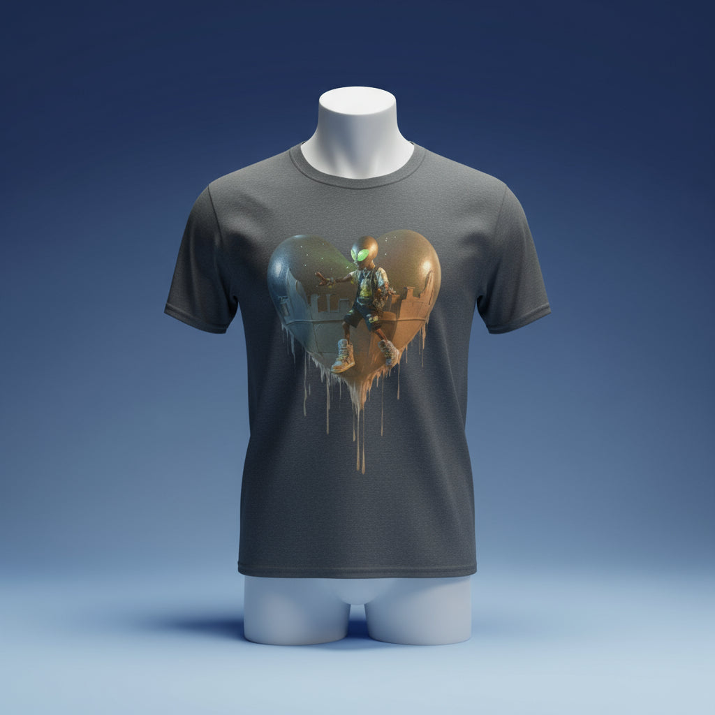 Dark gray t-shirt with a heart-shaped graphic featuring an astronaut and planet on a white background