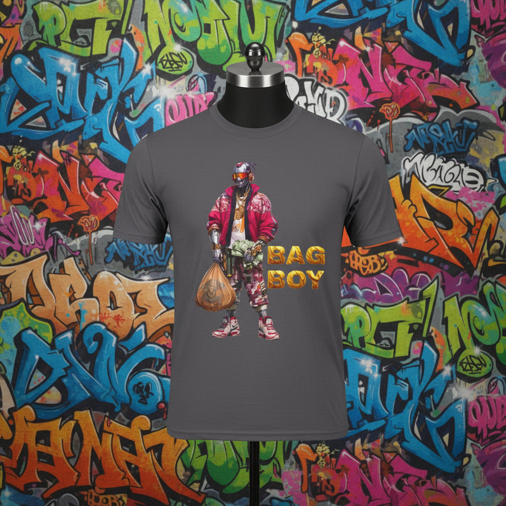 Gray t-shirt with a graphic of a person holding a bag and the text 'BAG BOY' on a white background