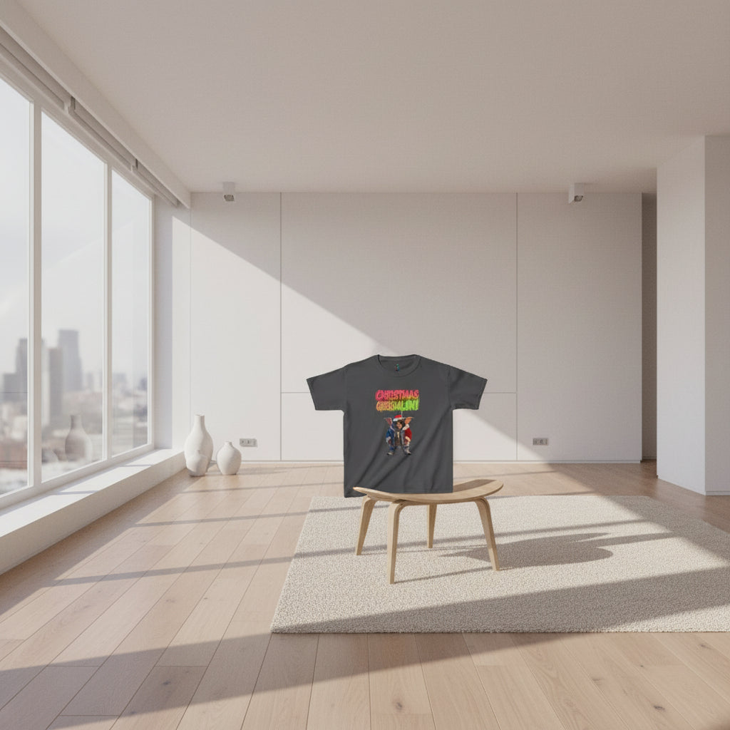 Gray t-shirt with Christmas Gremlin graphic and text on a white background