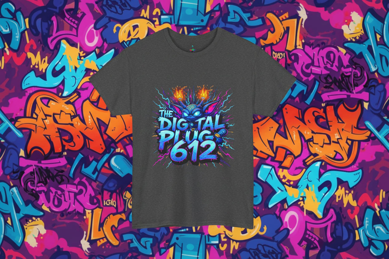 Gray t-shirt with colorful graphic design and 'The Digital Plug 612' text on a white background