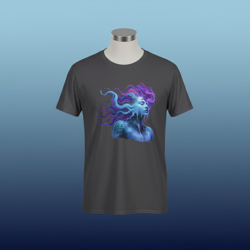 Gray t-shirt with a blue and purple mermaid design on a white background
