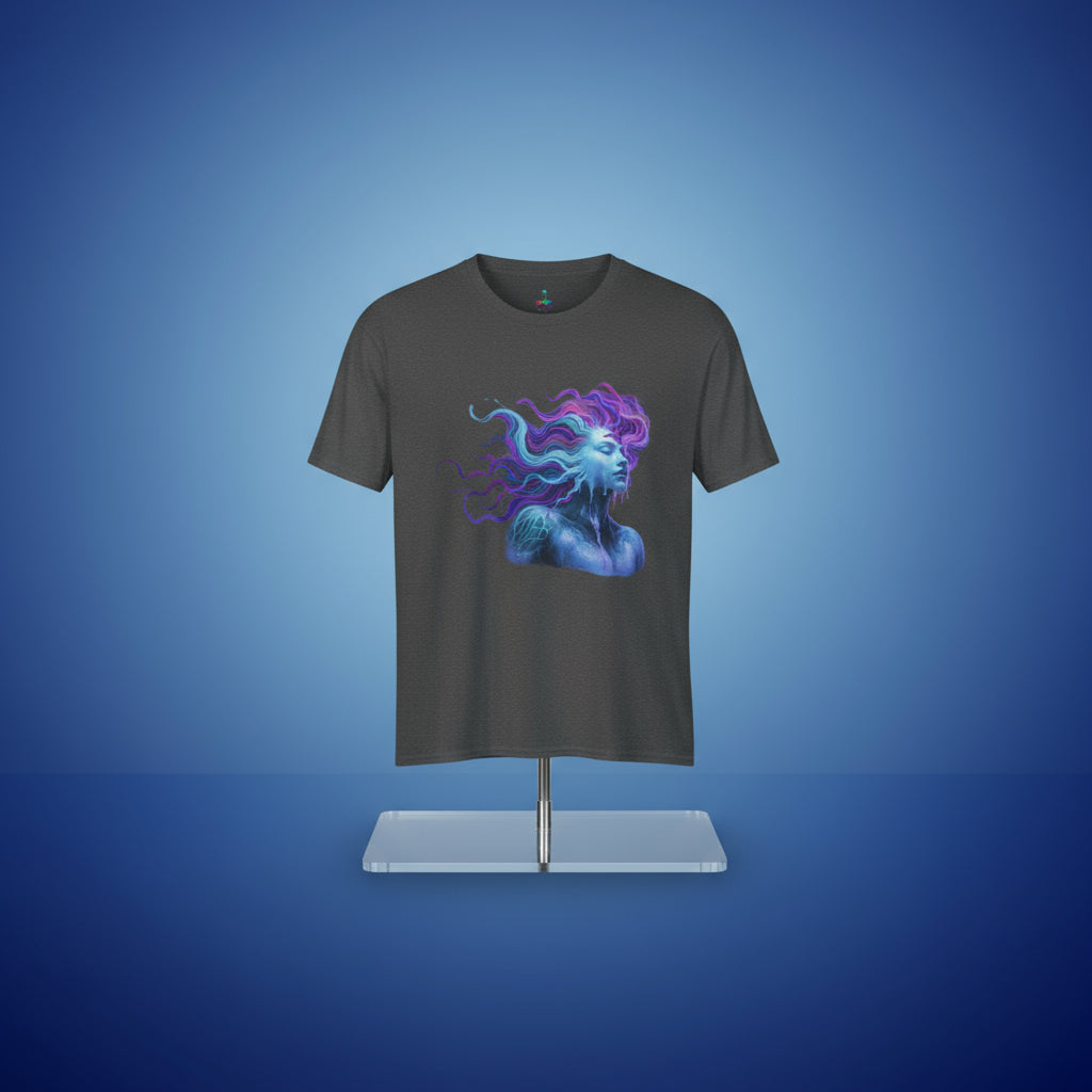 Gray t-shirt with a colorful mermaid design on a white background