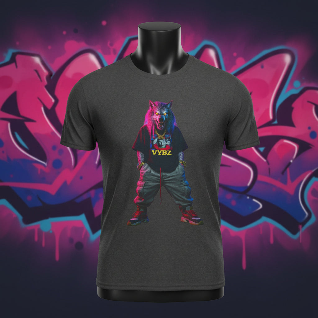 Gray t-shirt with a colorful graphic of a wolf and 'VYBZ' text on a white background