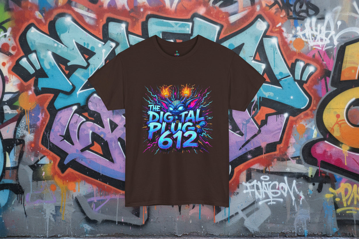 Brown t-shirt with colorful graphic design and text on a white background