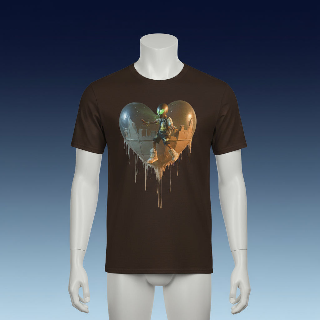 Brown t-shirt with a heart-shaped graphic design featuring a person and a cityscape on a white background