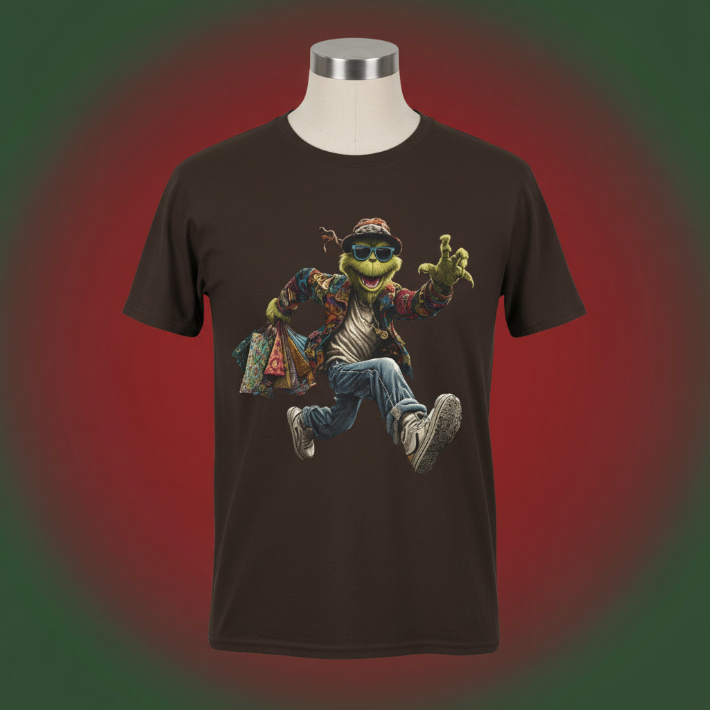 Brown t-shirt with a graphic of a styled frog character on a white background