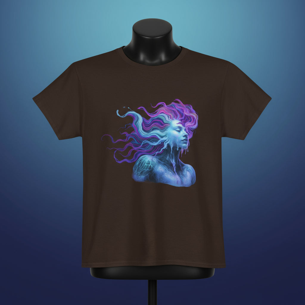 Brown t-shirt with a colorful graphic of a woman's face on a white background