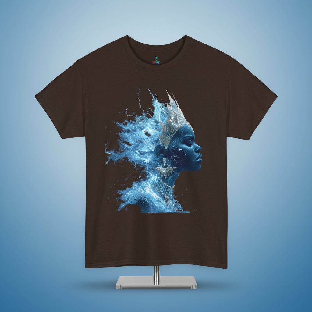 Brown t-shirt with a blue and white graphic design on a white background