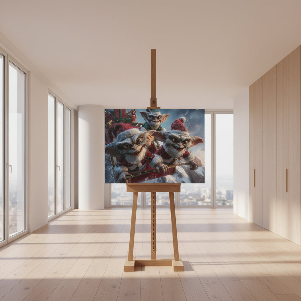 Three animated characters in festive outfits with a snowy background