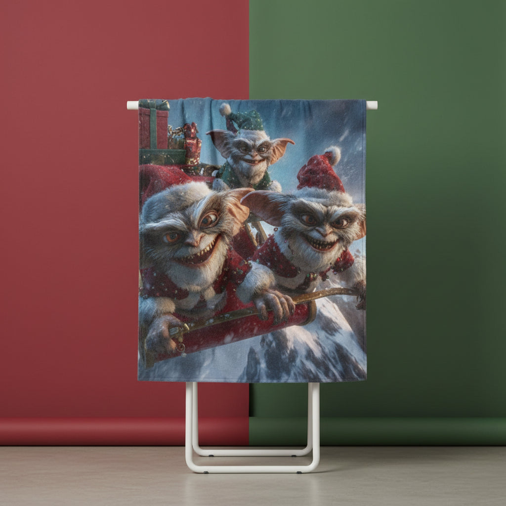 Fleece blanket with animated characters in festive outfits on a snowy mountain background