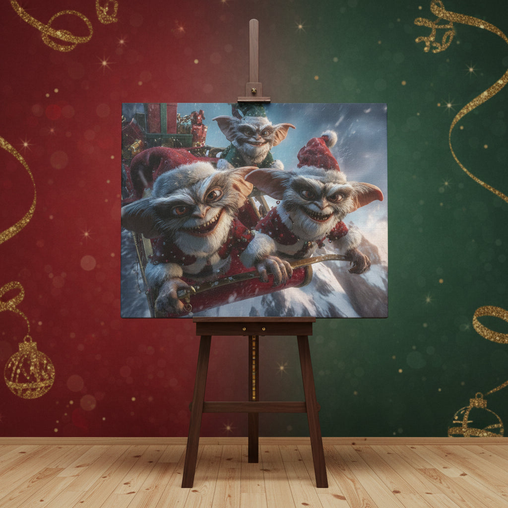 Three animated characters in festive outfits with a snowy background