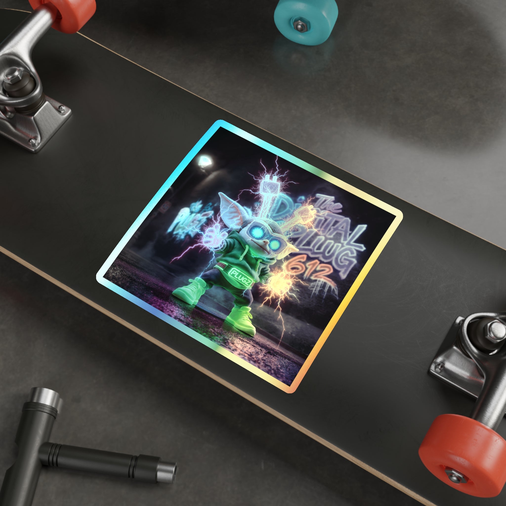 Holographic Die-Cut Sticker — Neon Electric Alien Graffiti Design