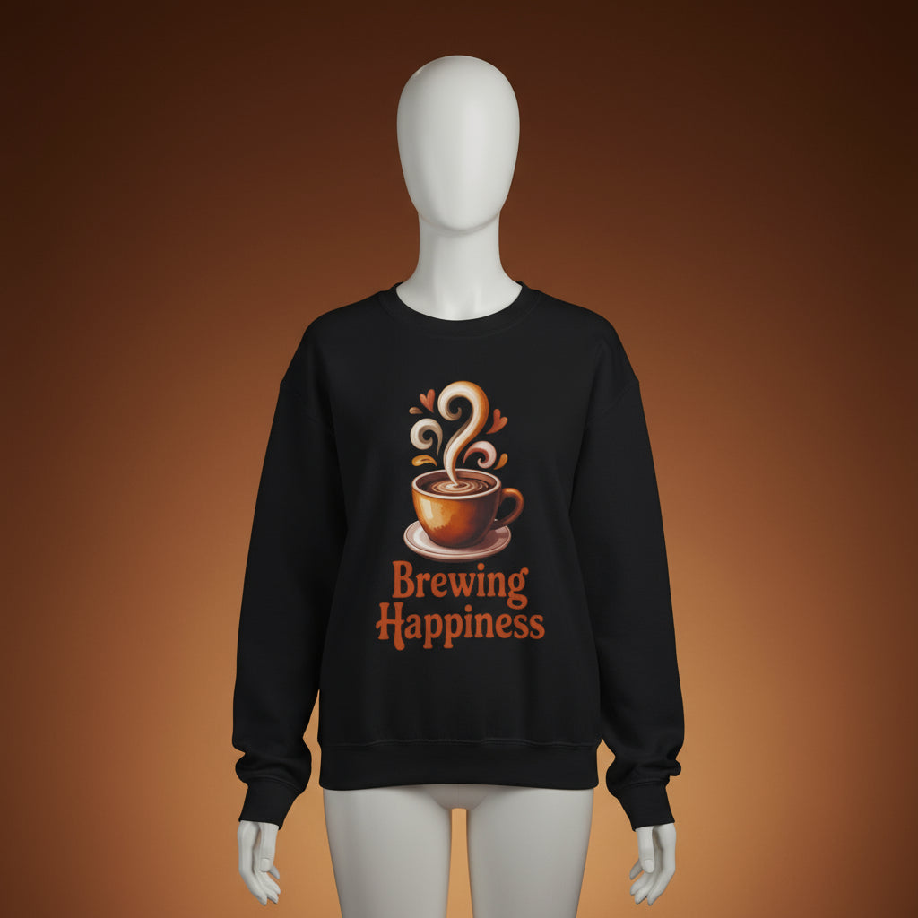 Person wearing a black sweatshirt with a coffee cup design and 'Brewing Happiness' text on a white background