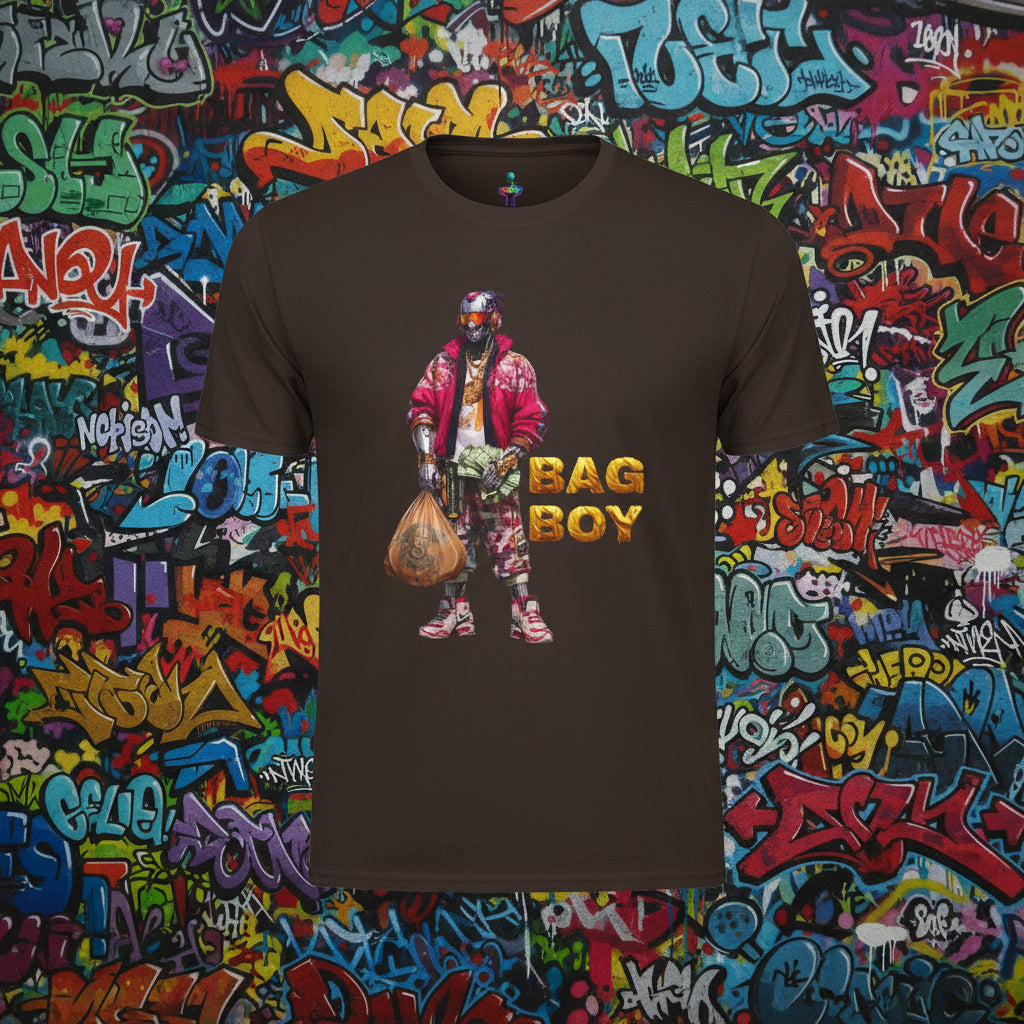 Brown t-shirt with a graphic of a person holding a bag and 'BAG BOY' text on a white background