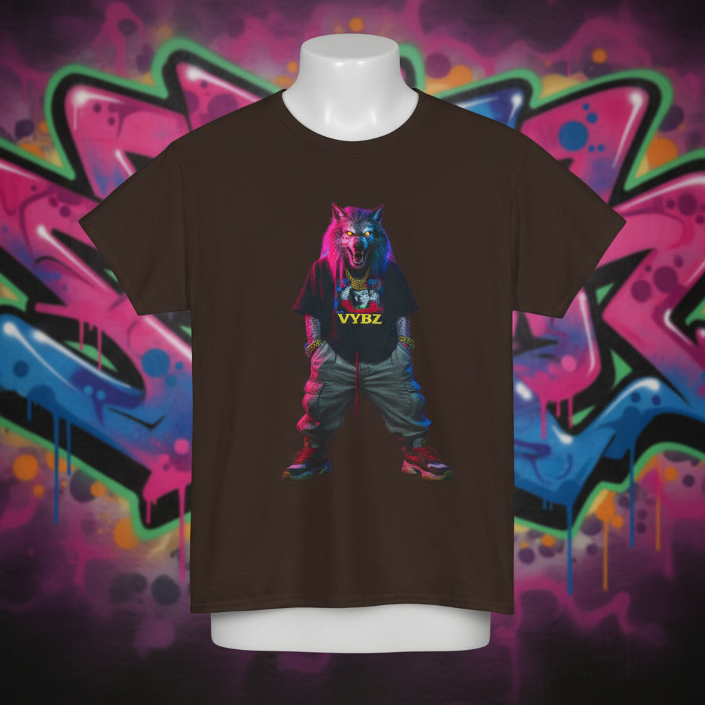 Brown t-shirt with a colorful graphic design on a white background