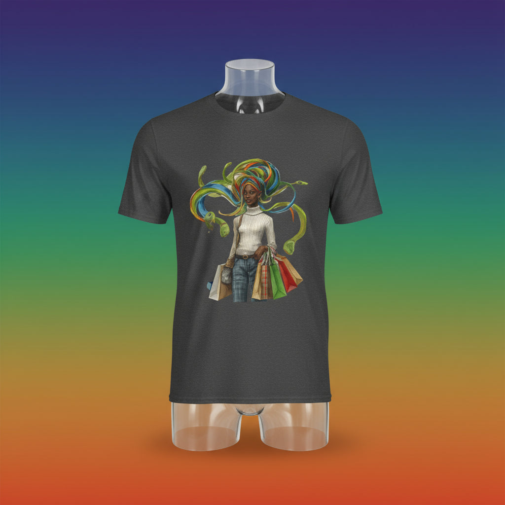 Dark gray t-shirt with a colorful graphic of a woman with braided hair and shopping bags on a white background.
